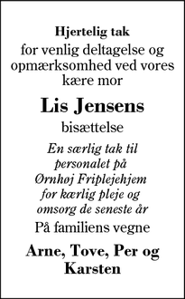 Taksigelsen for Lis Jensens - Ørnhøj