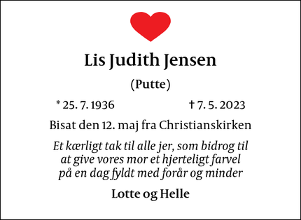 Dødsannoncen for Lis Judith Jensen - Kgs Lyngby