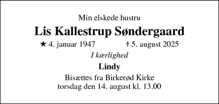 Dødsannoncen for Lis Kallestrup Søndergaard - Birkerød