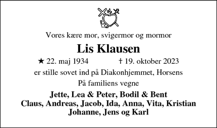 Dødsannoncen for Lis Klausen - Brande