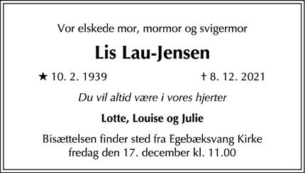 Dødsannoncen for Lis Lau-Jensen - Snekkersten 