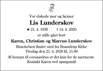 Dødsannoncen for Lis Lunderskov - Kolding
