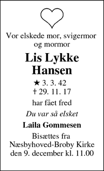 Dødsannoncen for Lis Lykke Hansen - Odense