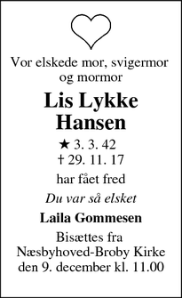 Dødsannoncen for Lis Lykke Hansen - Odense