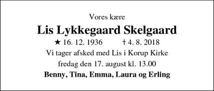 Dødsannoncen for Lis Lykkegaard Skelgaard - Korup