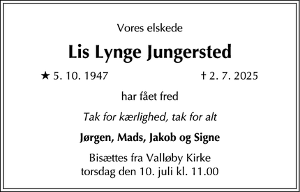 Dødsannoncen for Lis Lynge Jungersted - Vallø