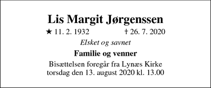 Dødsannoncen for Lis Margit Jørgenssen - Dragør