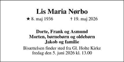 Dødsannoncen for Lis Maria N&oslash;rbo - Holte