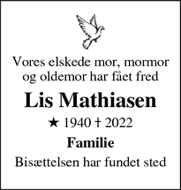 Dødsannoncen for Lis Mathiasen - 8900 Randers