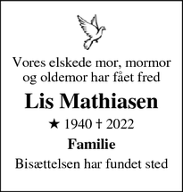 Dødsannoncen for Lis Mathiasen - 8900 Randers