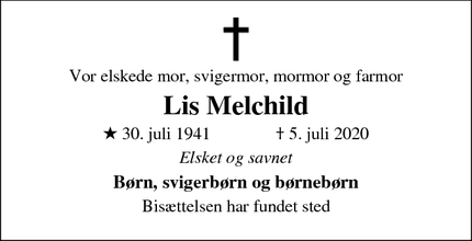 Dødsannoncen for Lis Melchild - Kokkedal