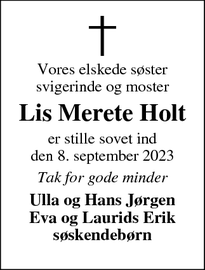 Dødsannoncen for Lis Merete Holt - Astrup 6900 Skjern