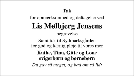 Taksigelsen for Lis Mølbjerg Jensens - Verninge 