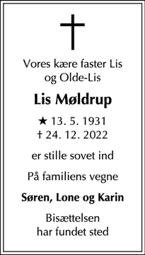 Dødsannoncen for Lis Møldrup - Gentofte