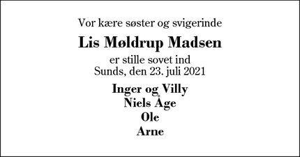Dødsannoncen for Lis Møldrup Madsen - Sunds