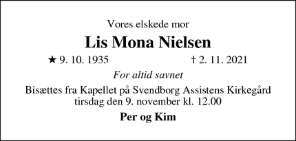 Dødsannoncen for Lis Mona Nielsen - København S
