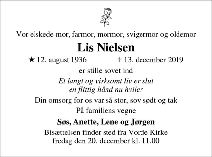 Dødsannoncen for Lis Nielsen - Løgstrup