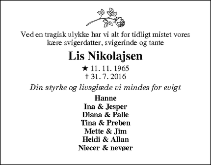 Dødsannoncen for Lis Nikolajsen - Grindsted