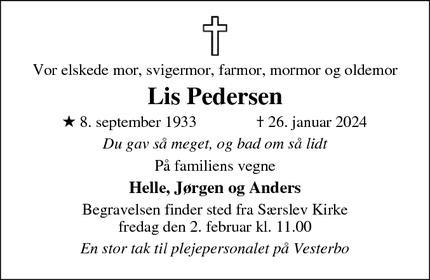 Dødsannoncen for Lis Pedersen - Særslev