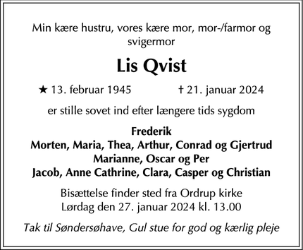 Dødsannoncen for Lis Qvist - Charlottenlund