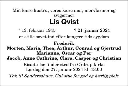 Dødsannoncen for Lis Qvist - Charlottenlund