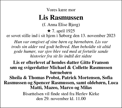 Dødsannoncen for Lis Rasmussen - Søborg