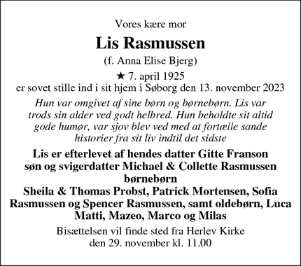 Dødsannoncen for Lis Rasmussen - Søborg