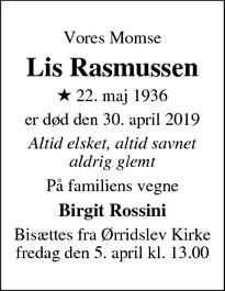 Dødsannoncen for Lis Rasmussen - Hovedgård