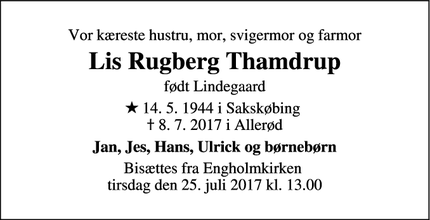 Dødsannoncen for Lis Rugberg Thamdrup - Allerød