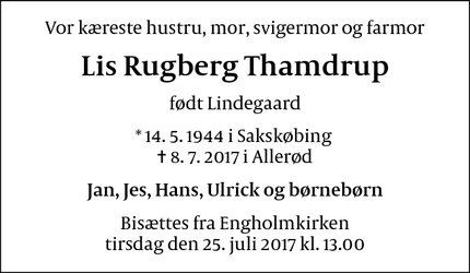 Dødsannoncen for Lis Rugberg Thamdrup - Allerød