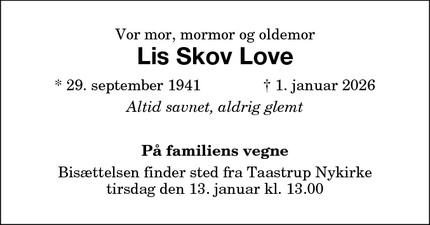 Dødsannoncen for Lis Skov Love - Sakskøbing