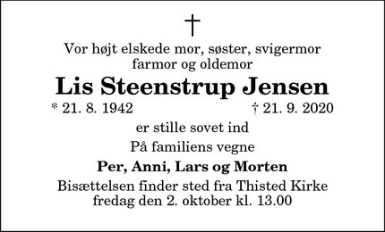 Dødsannoncen for Lis Steenstrup Jensen - Thisted