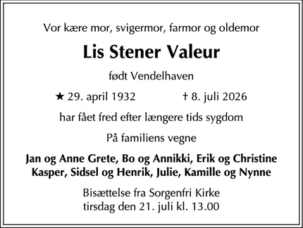 Dødsannoncen for Lis Stener Valeur - Dalstrøget 64, 1.th., 2870 Dyssegård