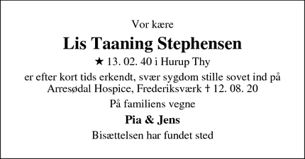 Dødsannoncen for Lis Taaning Stephensen - Hillerød