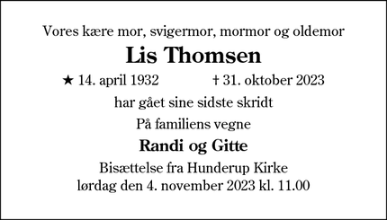 Dødsannoncen for Lis Thomsen - Toftlund