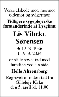 Dødsannoncen for Lis Vibeke Sørensen - Udsholt