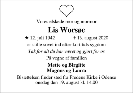 Dødsannoncen for Lis Worsøe - Odense sv