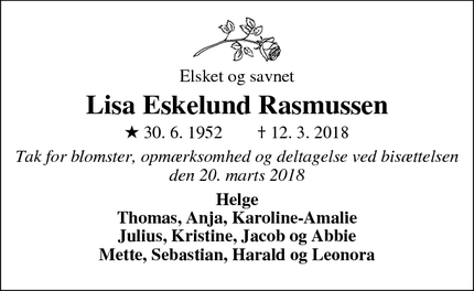 Dødsannoncen for Lisa Eskelund Rasmussen - Næstved