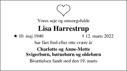 Dødsannoncen for Lisa Harrestrup - Grenaa