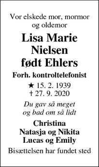 Dødsannoncen for Lisa Marie Nielsen
født Ehlers - Helsinge