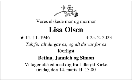Dødsannoncen for Lisa Olsen - Slangerup