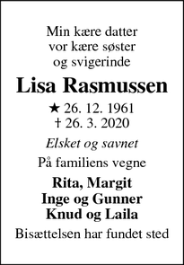 Dødsannoncen for Lisa Rasmussen - Viborg