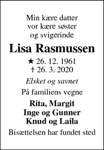 Dødsannoncen for Lisa Rasmussen - Viborg