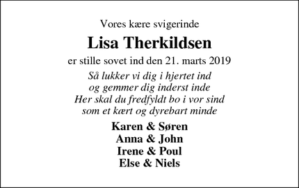 Dødsannoncen for Lisa Therkildsen - Skjern