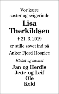 Dødsannoncen for Lisa Therkildsen - Kvong