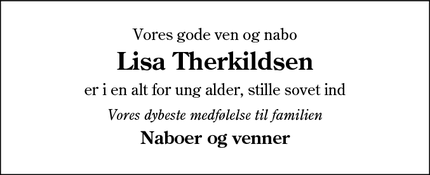 Dødsannoncen for Lisa Therkildsen - Kvong