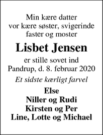 Dødsannoncen for Lisbet Jensen - Pandrup 