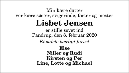 Dødsannoncen for Lisbet Jensen - Pandrup 