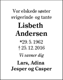 Dødsannoncen for Lisbeth 
Andersen - Kolding