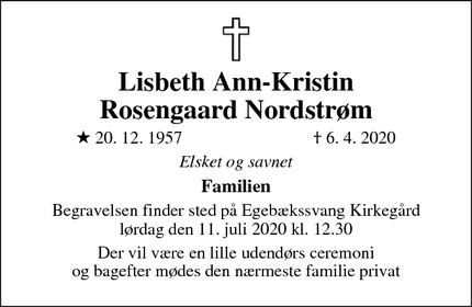 Dødsannoncen for Lisbeth Ann-Kristin
Rosengaard Nordstrøm - Espergærde